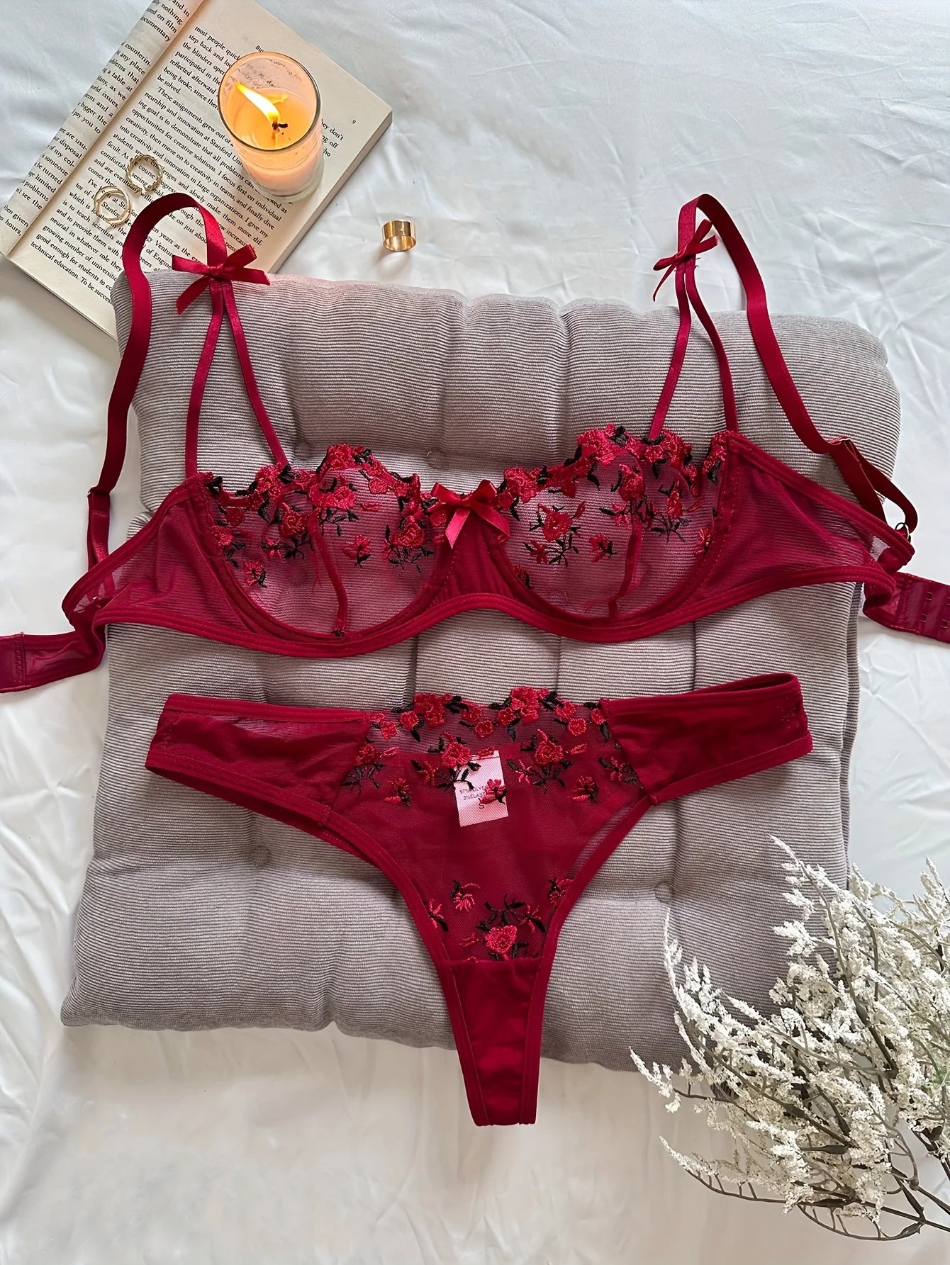 Women's Floral Embroidery Lace Lingerie Set – Sexy 2-Piece Underwear Bra & Briefs