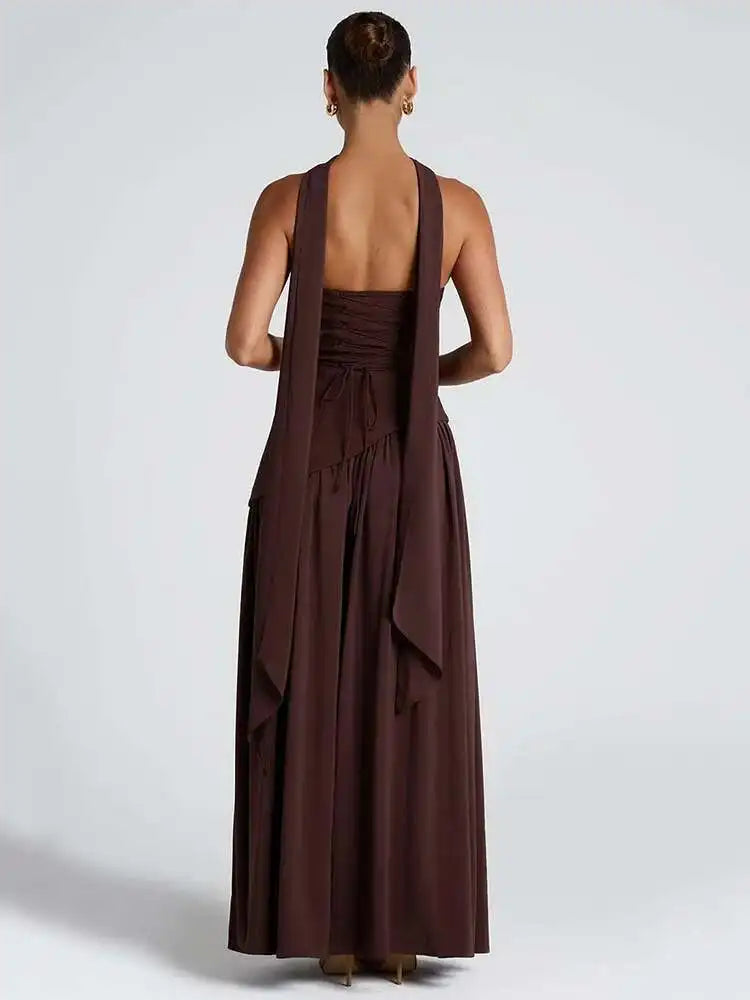 Elegant Off-shoulder Strapless Sexy Summer Party Women Gown Patchwork Pleat Scarf Neck Holiday Evening High Split Long Dresses