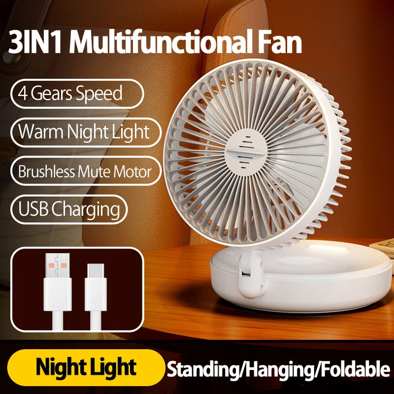 Rechargeable 3-in-1 Portable Fan with Night Light — Wall Mount, 90° Fold, 4 Speeds