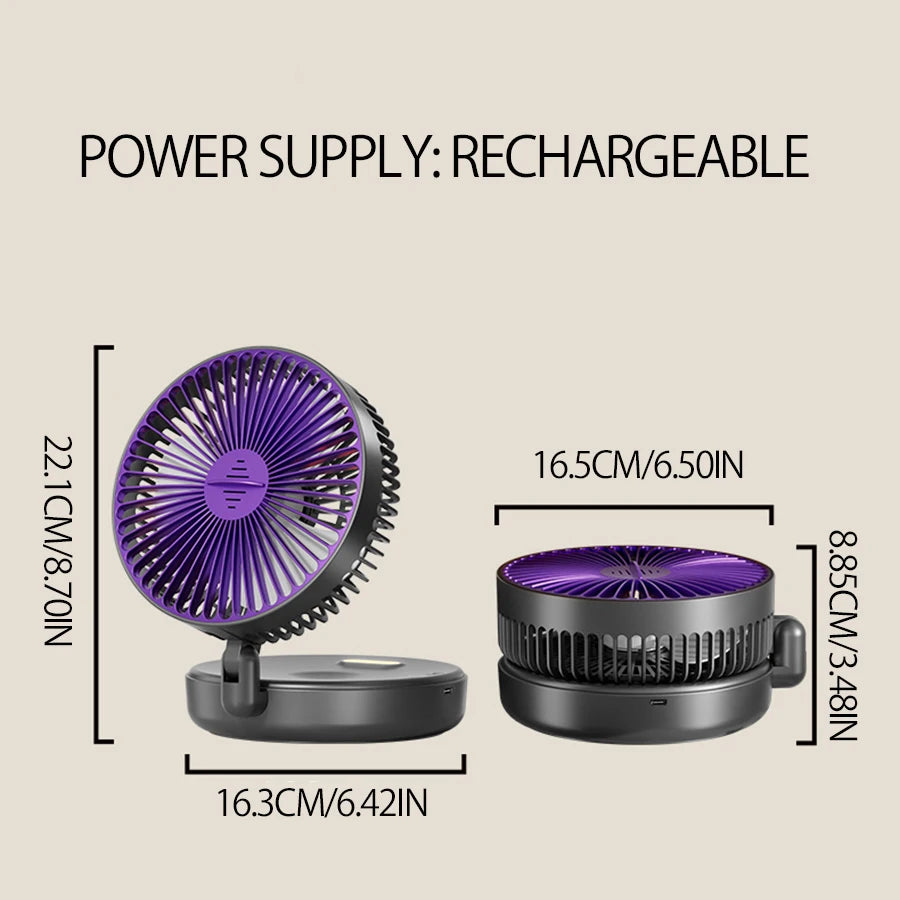 Rechargeable 3-in-1 Portable Fan with Night Light — Wall Mount, 90° Fold, 4 Speeds