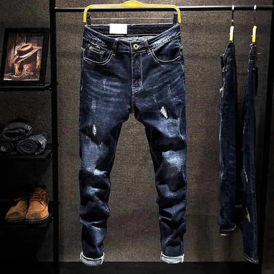 Heren Elastische Slim Straight Ripped Jeans – Koreaanse Mode Denim