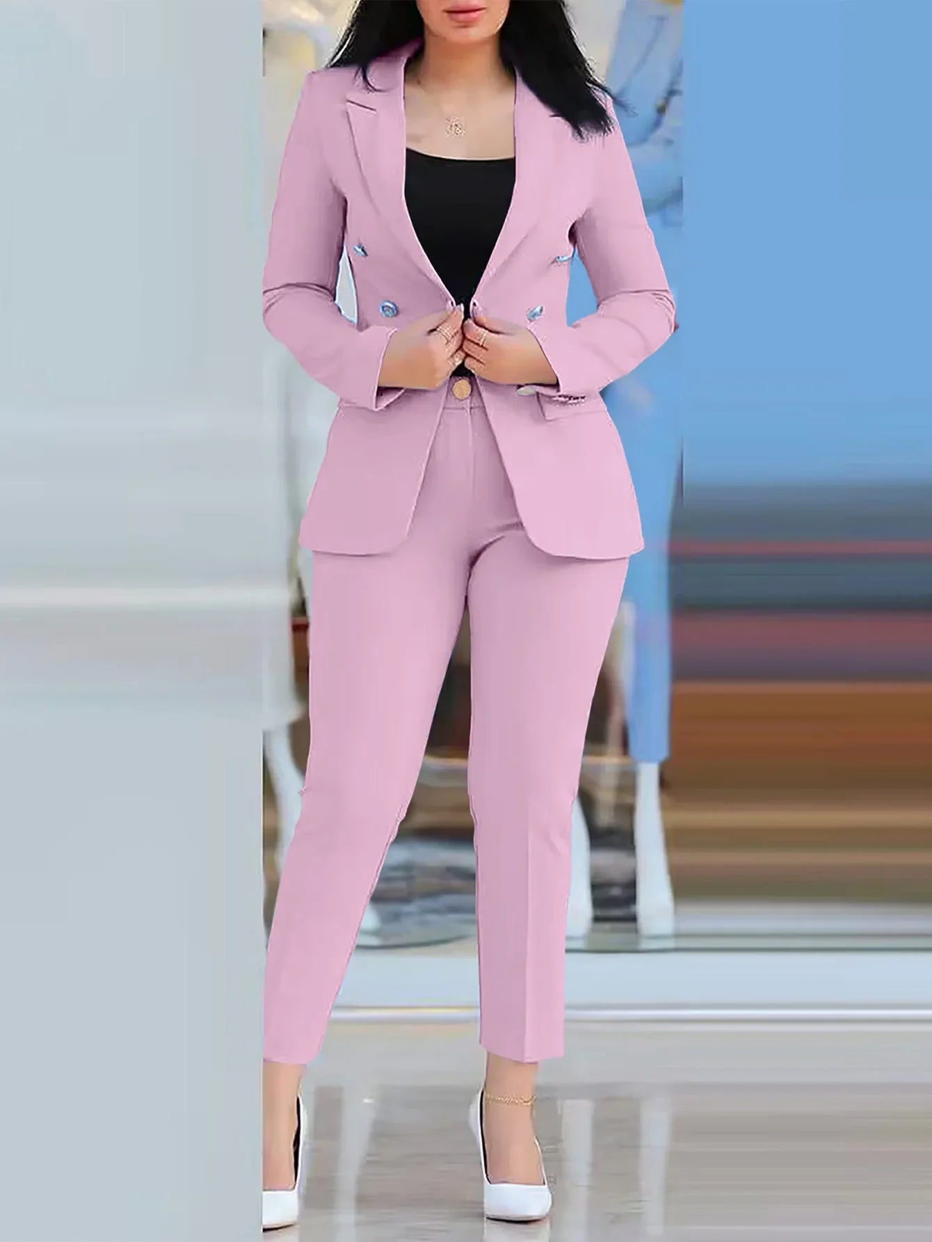 2-delige dameskledingset voor op kantoor: blazer met lange mouwen en potloodbroek met hoge taille, effen kleur