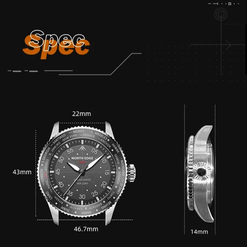 NORTH EDGE MACH Solar Power Quartz watch Men Waterproof 50M Men's Pilot Sports Wristwatches Luminous Enviormentally Clock