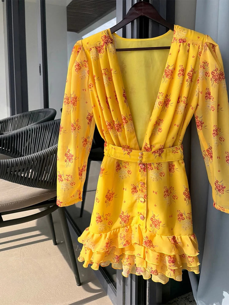 Elegant Print Low-cut Ruffle Short Dress Women V-neck Short-sleeved Waist Cinching Pleated Mini Dresses Casual Party Vestidos