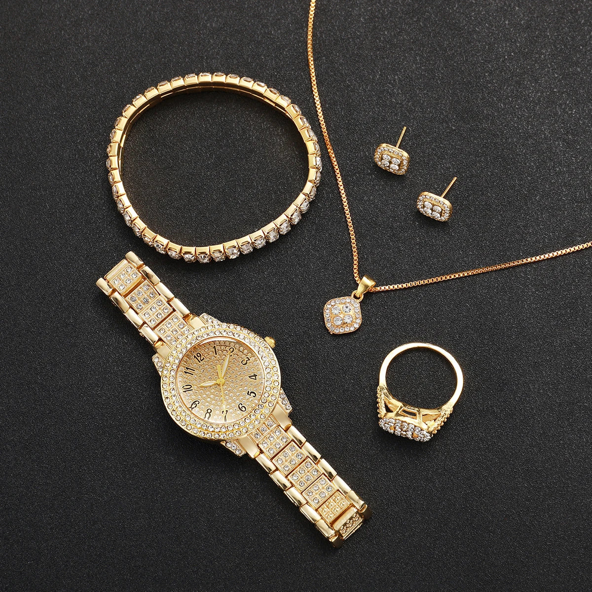 6-Piece Diamond Women's Watch & Jewelry Set – Gold Steel Quartz Gift Set