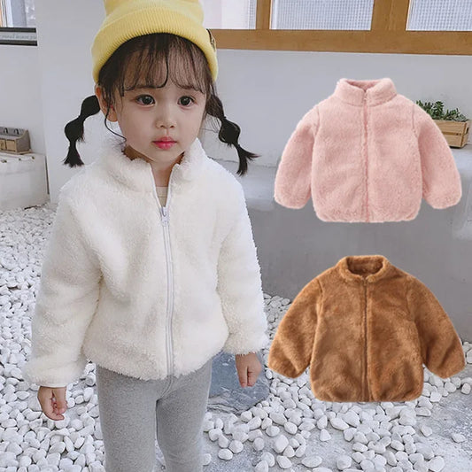 Girls' Pink Fleece-Lined Winter Jacket – Warm Korean Outerwear Ages 1–5