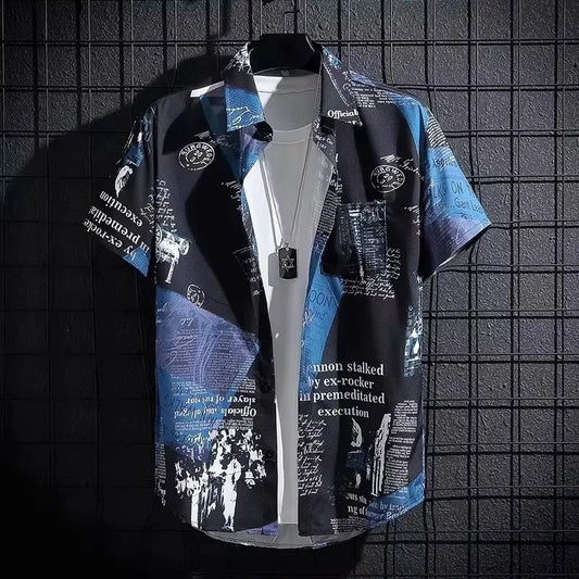 Men's Graffiti Print Floral Beach Shirt – Hong Kong Style Loose Half-Sleeve