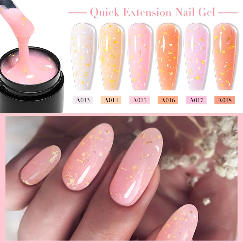 MEET ACROSS 8ml Gold Foils Quick Extension Gel Nail Polish Pink Nude Orange Glitter Finger Prolong Nail Art UV Hard Gel Nails