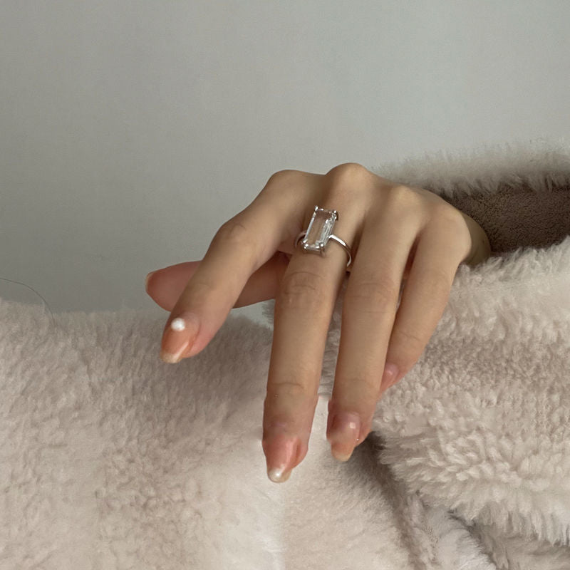 Designer original silver inlaid rectangular white crystal rings for women simple fashion high-end engagement party jewelry