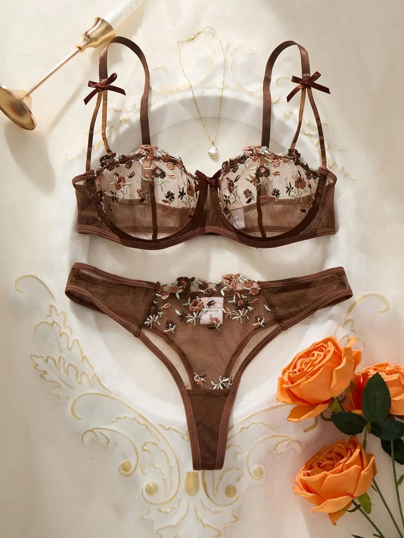 Women's Floral Embroidery Lace Lingerie Set – Sexy 2-Piece Underwear Bra & Briefs