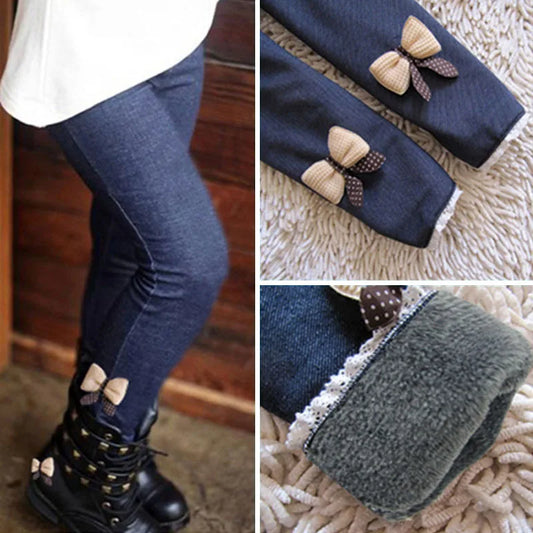 Girls' Thick Warm Bow-Detail Leggings – Winter Denim-Look Kids Trousers