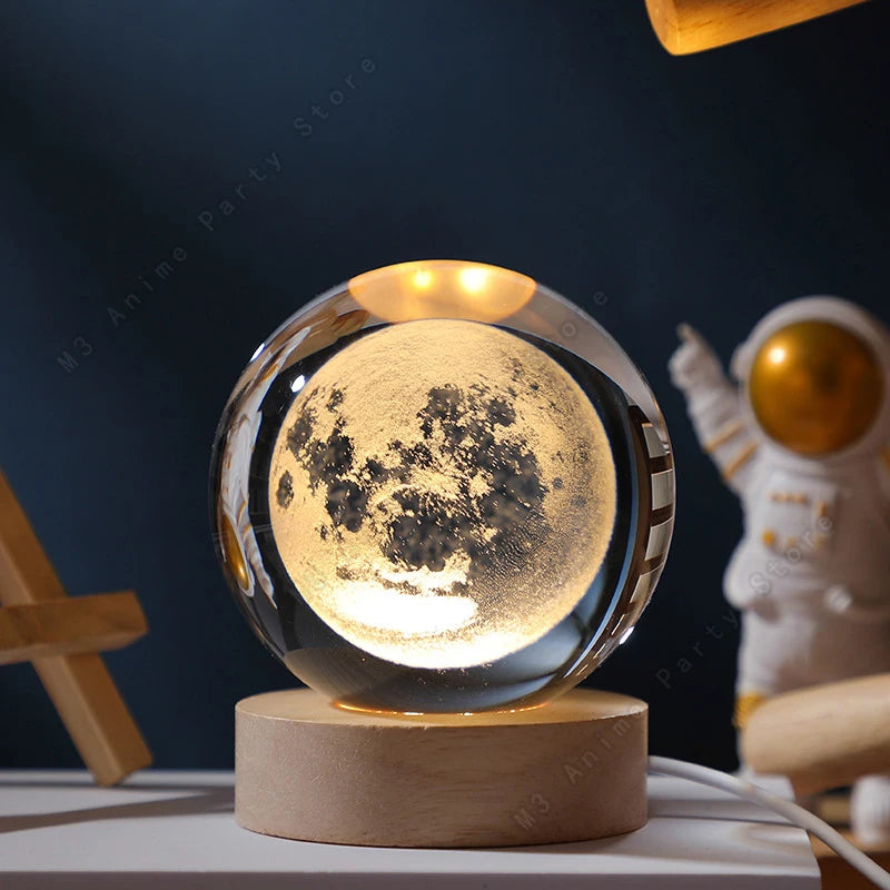 3D Crystal Ball Galaxy Night Light – Saturn & Moon Planet LED Bedside Lamp Gift