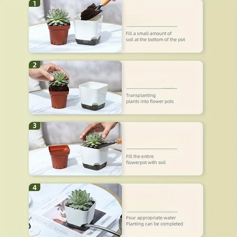 5-Piece Self-Watering Plant Pots with Drainage & Clear Saucer – Indoor & Outdoor Planters