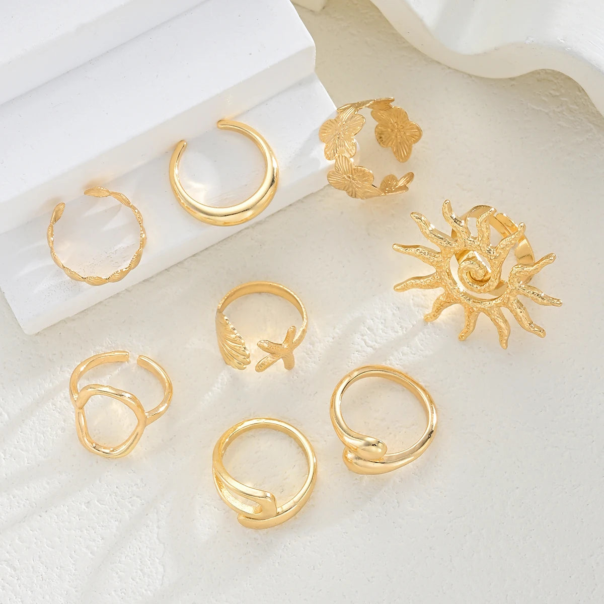 8 Pcs/Set Bohemia Sun Starfish Shell Open Rings for Women Trendy Punk Geometric Gold Color Knuckle Joint Ring Beach Jewelry Gift