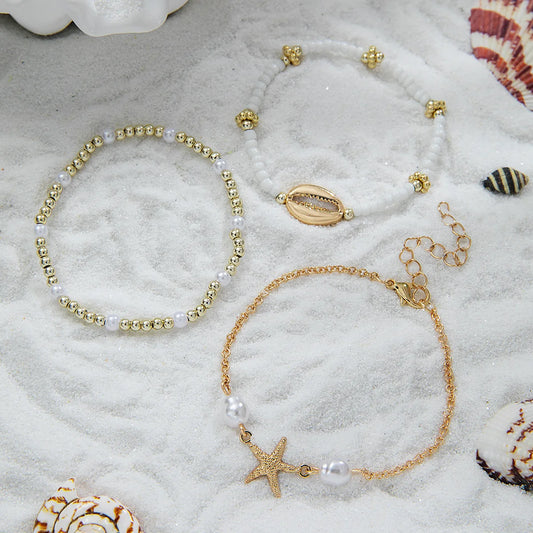 3-Piece Summer Shell Bracelet Set – Starfish Charm & Pearl Seed Bead Bracelets