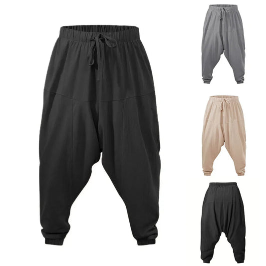 Men's Cotton Linen Harem Joggers – Drop Crotch Loose Fit Breathable Trousers