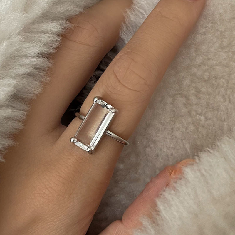 Designer original silver inlaid rectangular white crystal rings for women simple fashion high-end engagement party jewelry