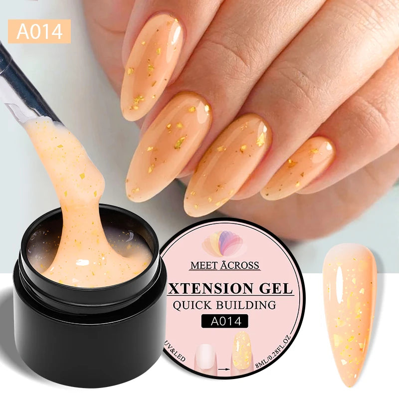 MEET ACROSS 8ml Gold Foils Quick Extension Gel Nail Polish Pink Nude Orange Glitter Finger Prolong Nail Art UV Hard Gel Nails