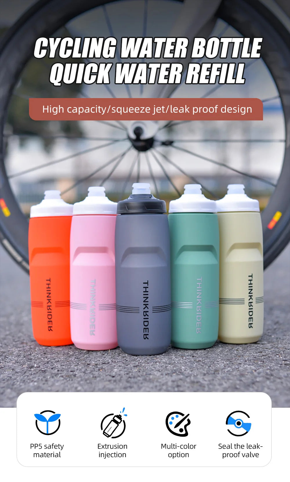 ThinkRider MTB Cycling Water Bottle – 620ml & 750ml Squeeze Sports Bottle