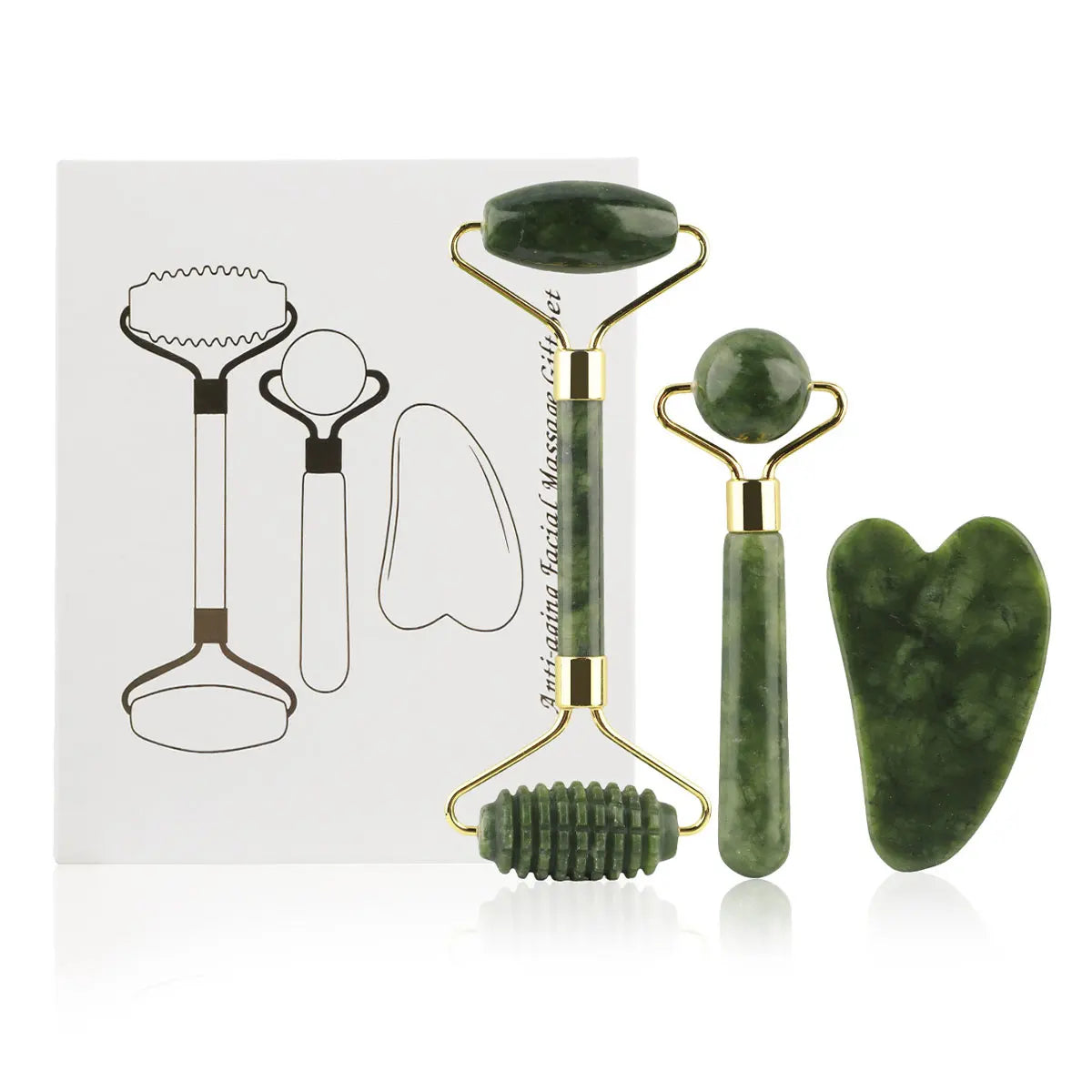 3-in-1 Jade Roller & Gua Sha Set – Eye Massager, Ridged Scraper & Face Roller