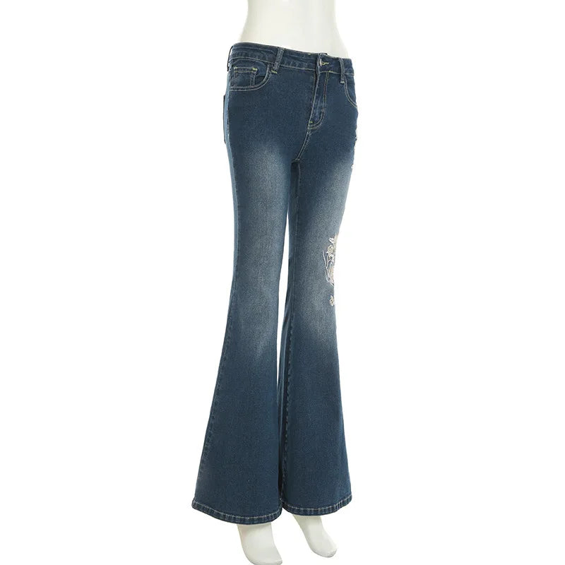 Women Retro Y2k Jeans Baggy Floral Embroidery Jeans Vintage 2000s Low Rise Flared Denim Pants High Street Basic Trousers