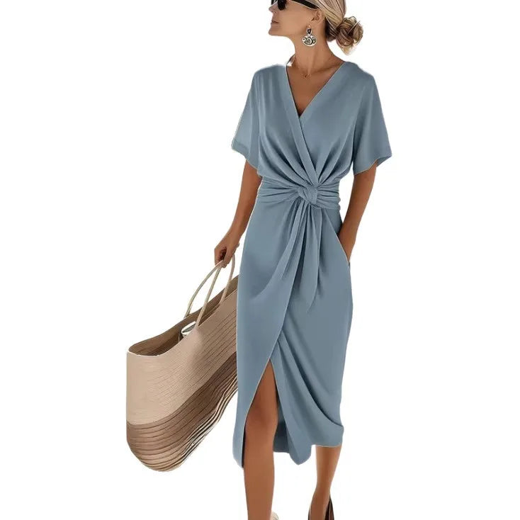Women Dresses 2026 new fashion solid color wrapped lace-up V neck slit knot mid-calf dresses women's clothing vestidoes