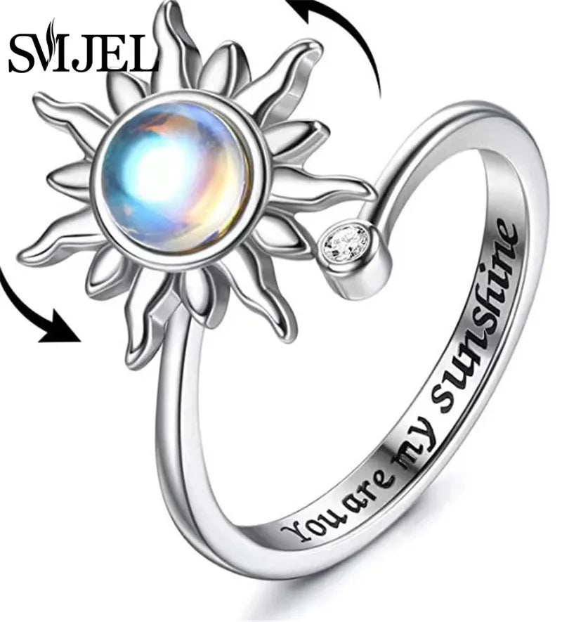Bohemia Fidget Spinner Ring Anxiety for Women Multiple Crystal Flower Adjustable Open Rings Rotate Anti Stress Wedding Jewelry