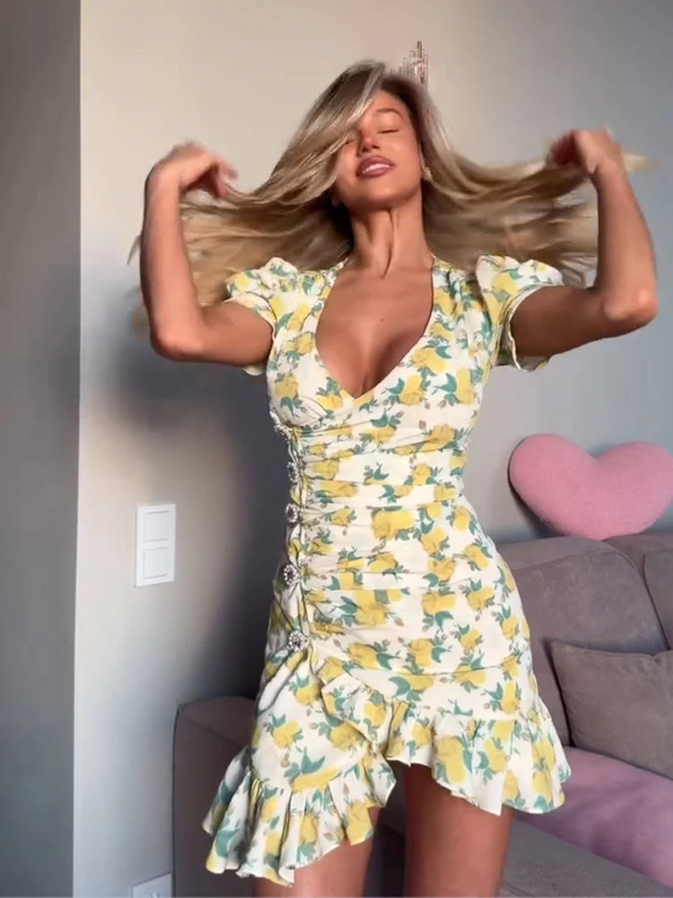 Elegant Print Low-cut Ruffle Short Dress Women V-neck Short-sleeved Waist Cinching Pleated Mini Dresses Casual Party Vestidos
