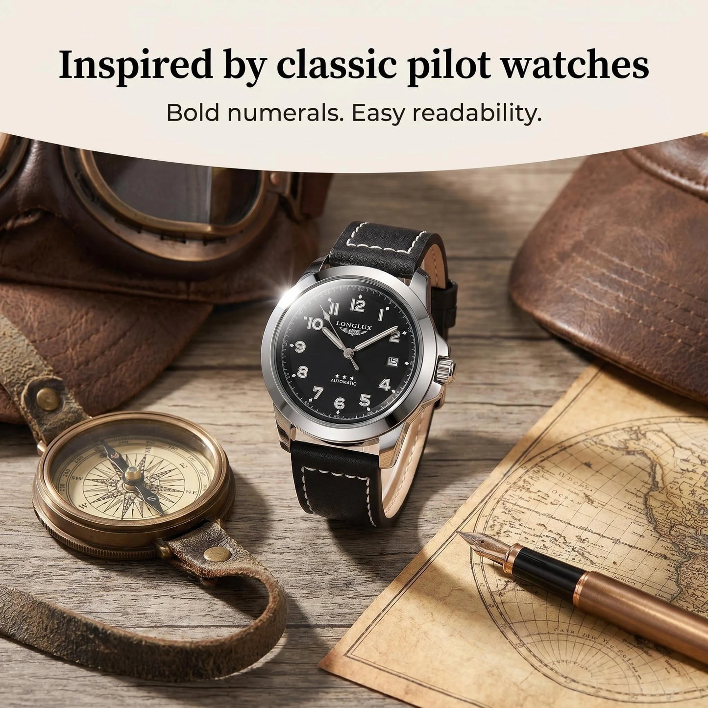 LONGLUX men automatic watch vintage pilot business classic military mechanical watches date waterproof luminous leather gift