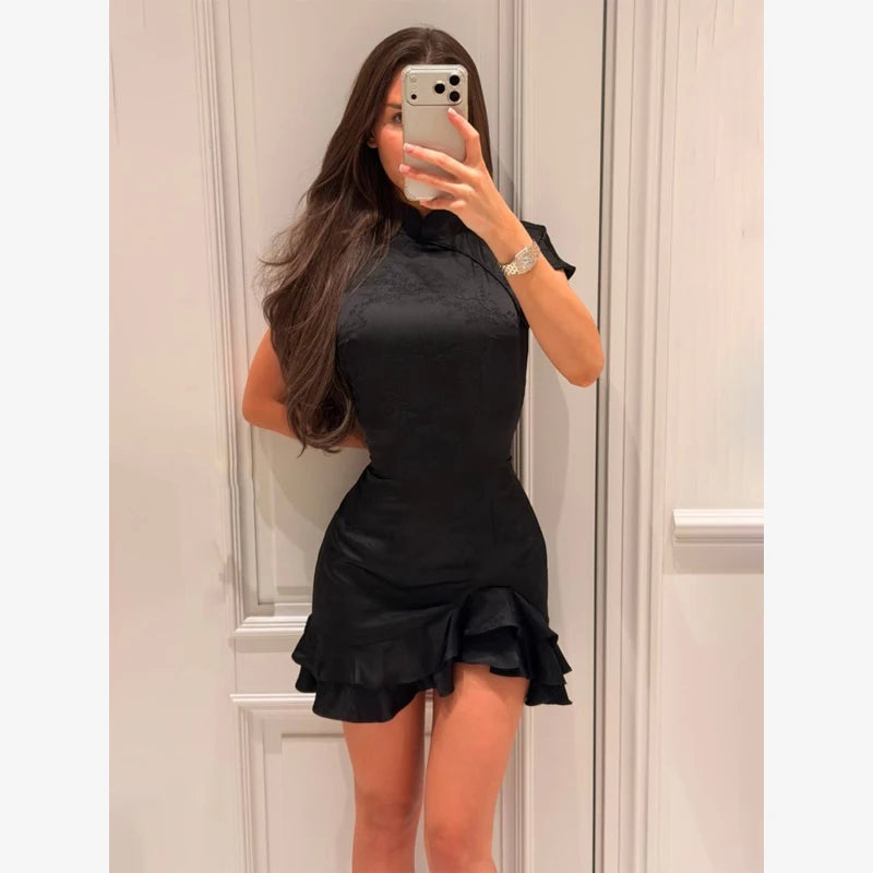 Elegant Print Low-cut Ruffle Short Dress Women V-neck Short-sleeved Waist Cinching Pleated Mini Dresses Casual Party Vestidos