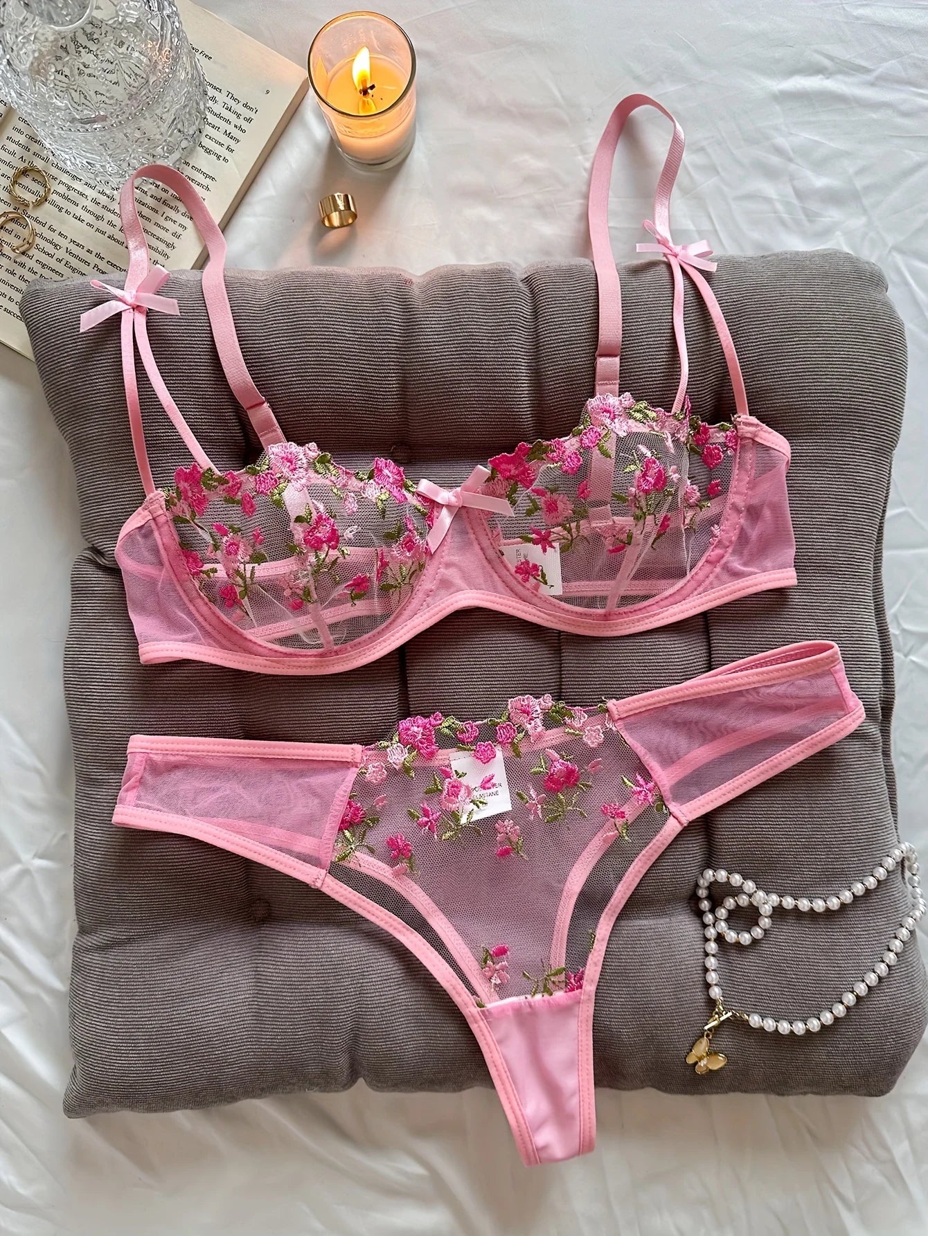 Women's Floral Embroidery Lace Lingerie Set – Sexy 2-Piece Underwear Bra & Briefs