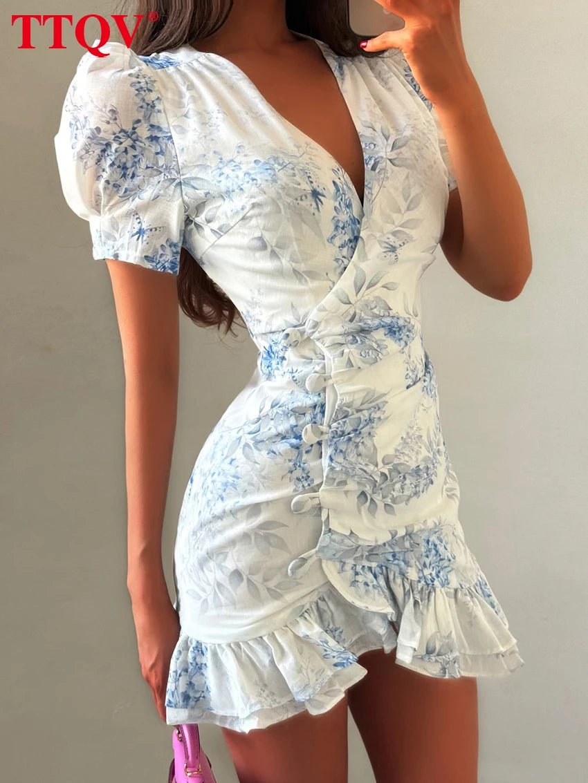TTQV Sexy Slim Print Women's Dress 2026 Summer V-Neck Short Sleeve Mini Dresses Elegant Classic Ruffles Female Dress Streetwear