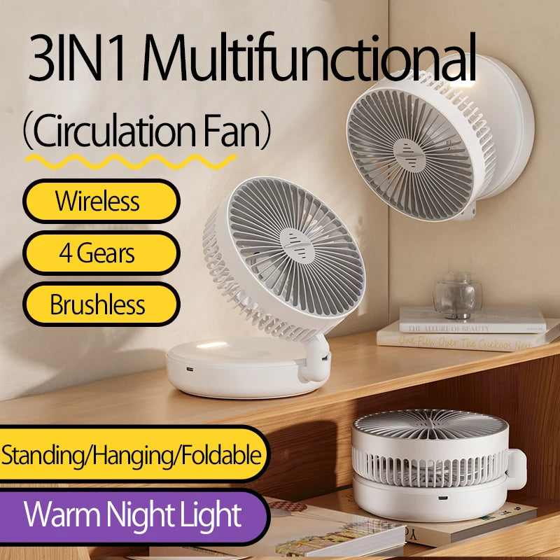 Rechargeable 3-in-1 Portable Fan with Night Light — Wall Mount, 90° Fold, 4 Speeds