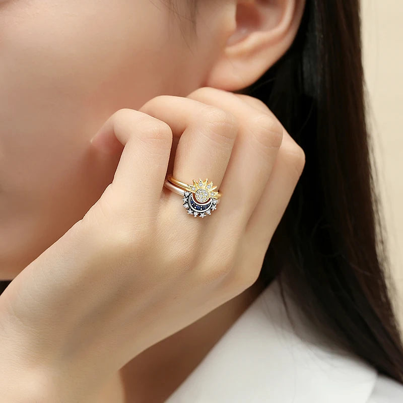 Original 925 Sterling Silver Rings Sun Moon Star Pave CZ Gold Color Stackable Ring For Women Engagement Gift Jewelry