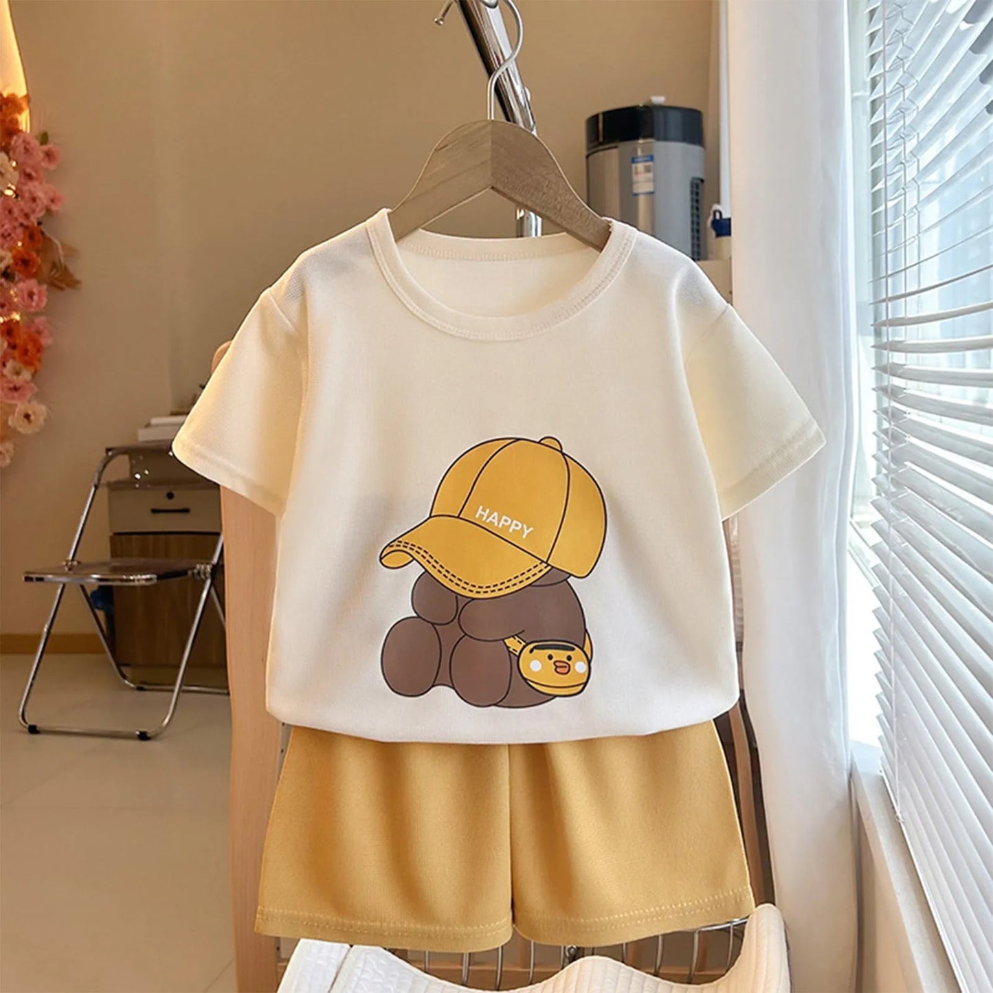 Children Boys 2pcs Tracksuits Cotton Bear Printed Short Sleeves+Shorts Kids Boys Outfits Loose Round Collar Little Boys Tee Suit