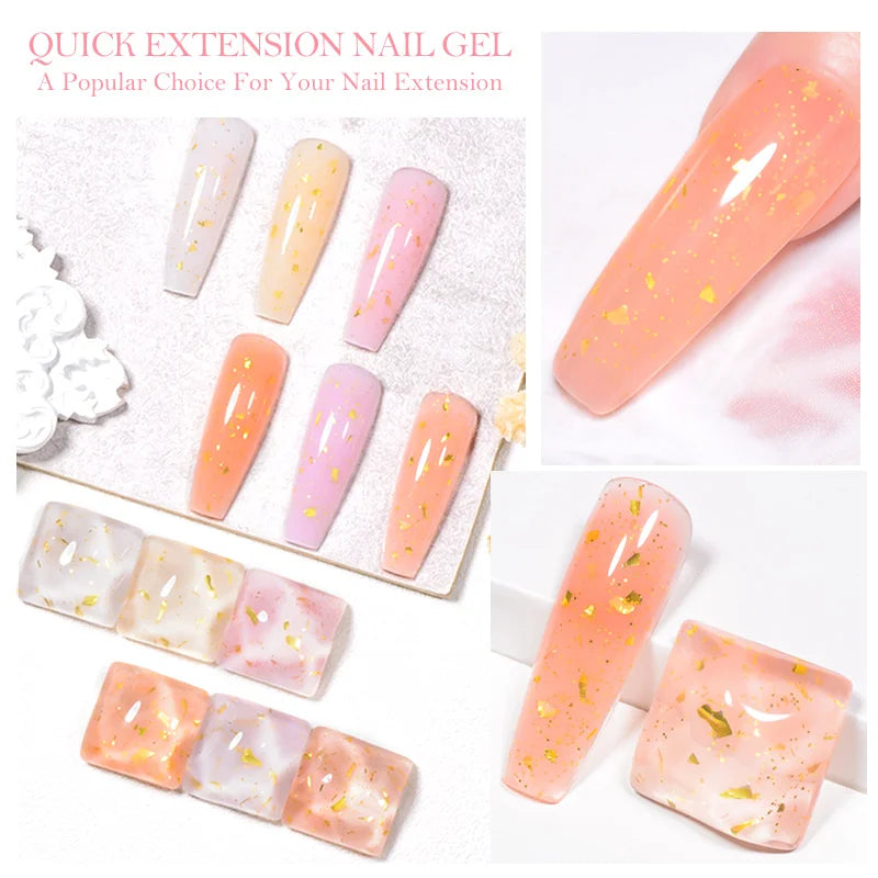 MEET ACROSS 8ml Gold Foils Quick Extension Gel Nail Polish Pink Nude Orange Glitter Finger Prolong Nail Art UV Hard Gel Nails