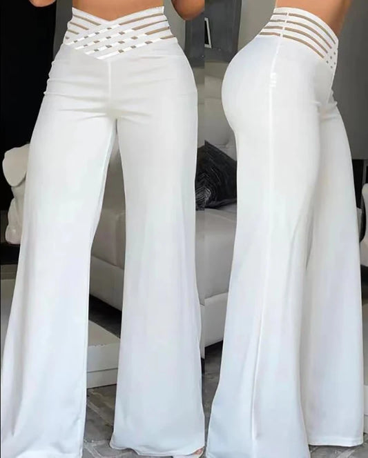 Women's High-Waist Wide-Leg Mesh Patch Flared Trousers – Office Chic