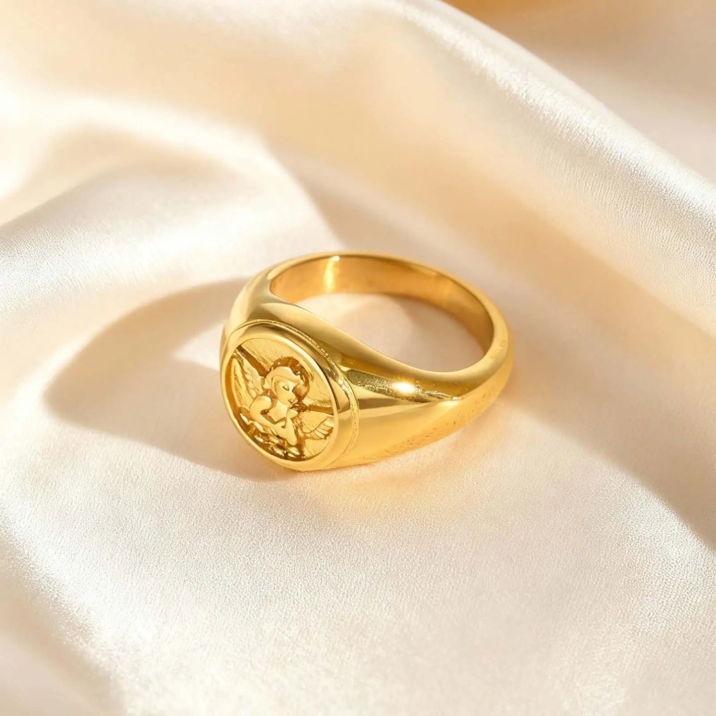 Stainless Steel Glossy Cupid Angel Ring for Women Gold Color Female's Prayer Love Rings Unique Jewelry Gift