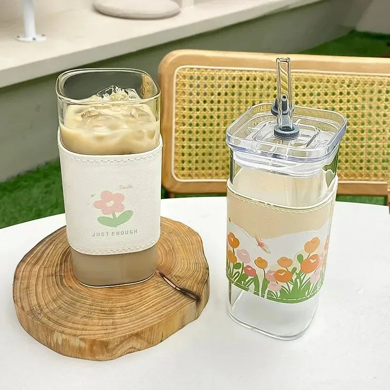 Square Heat-Resistant Glass Coffee Cup with Lid & Straw – 400ml Transparent Mug