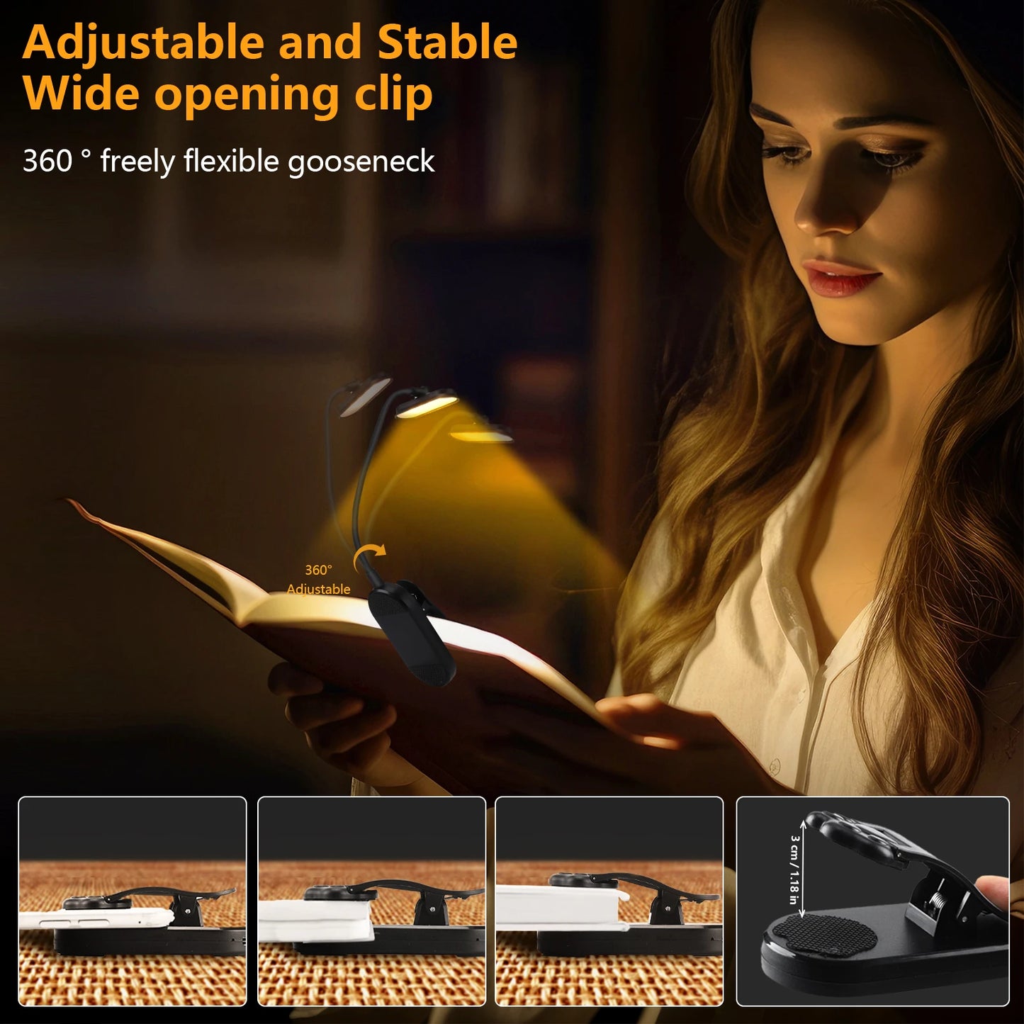 LED Book Light USB Rechargeable Reading Light 3-Level Warm Cool White Daylight Portable Flexible Easy Clip Night Reading Lamp