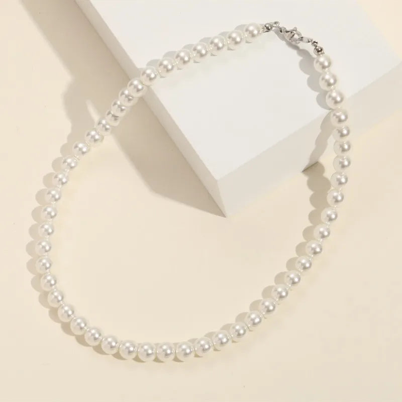 Simple Imitation-Pearl Beaded Short Choker Necklace for Men Trendy White Beaded Chains on Neck Accessories 2026 Fashion Jewelry