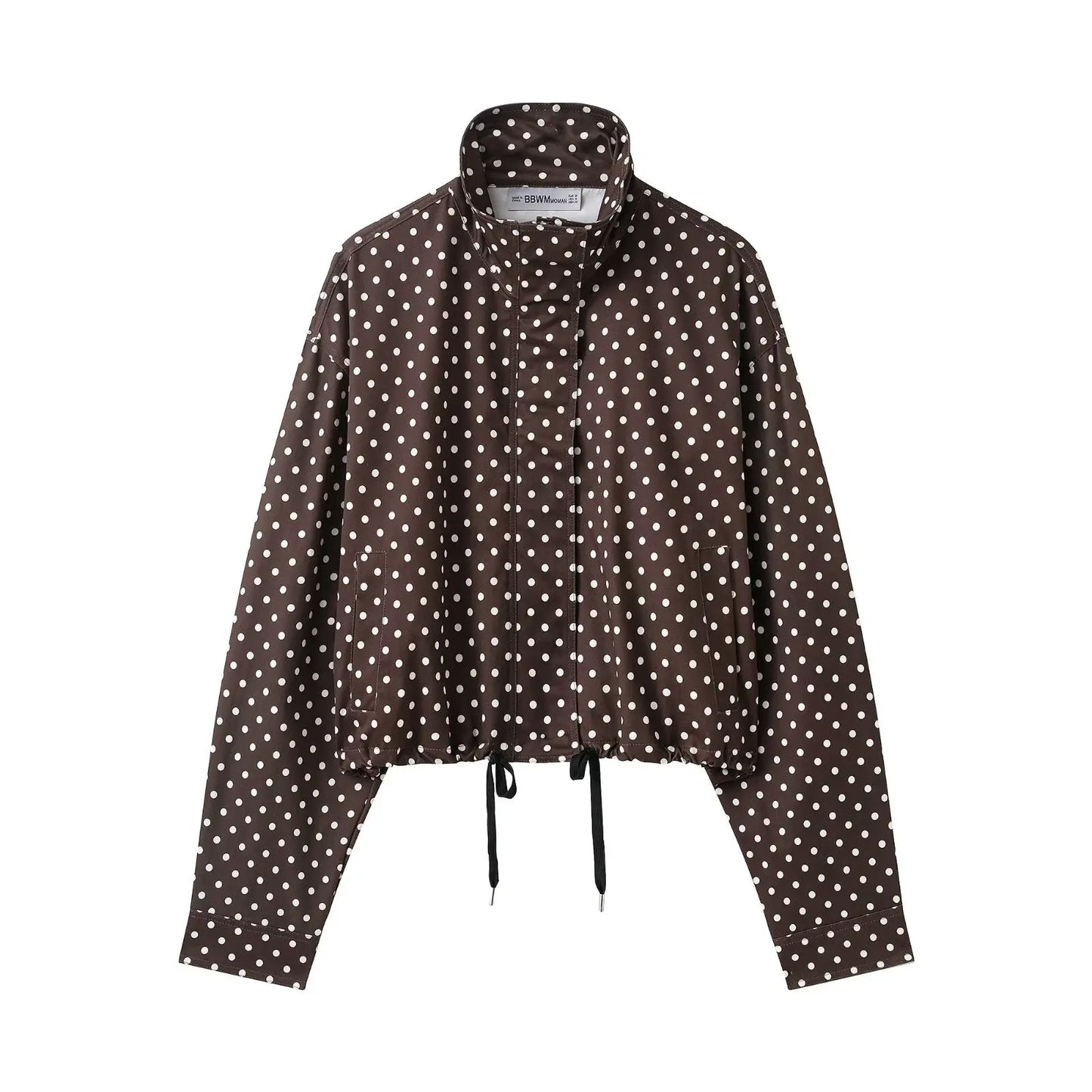 HH Woman Autumn Long Sleeves Turtleneck Zipper With Pockets Drawstring Casual Coats Women Fashion Polka Dot Printed Jacket
