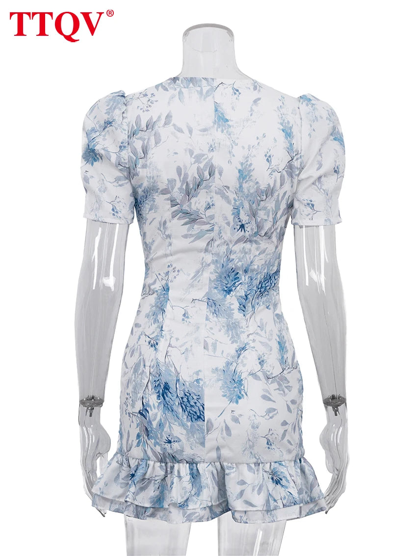 TTQV Sexy Slim Print Women's Dress 2026 Summer V-Neck Short Sleeve Mini Dresses Elegant Classic Ruffles Female Dress Streetwear