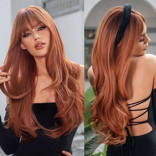GEMMA Long Straight Synthetic Wig – Copper Ginger Red Brown Natural Wave with Bangs