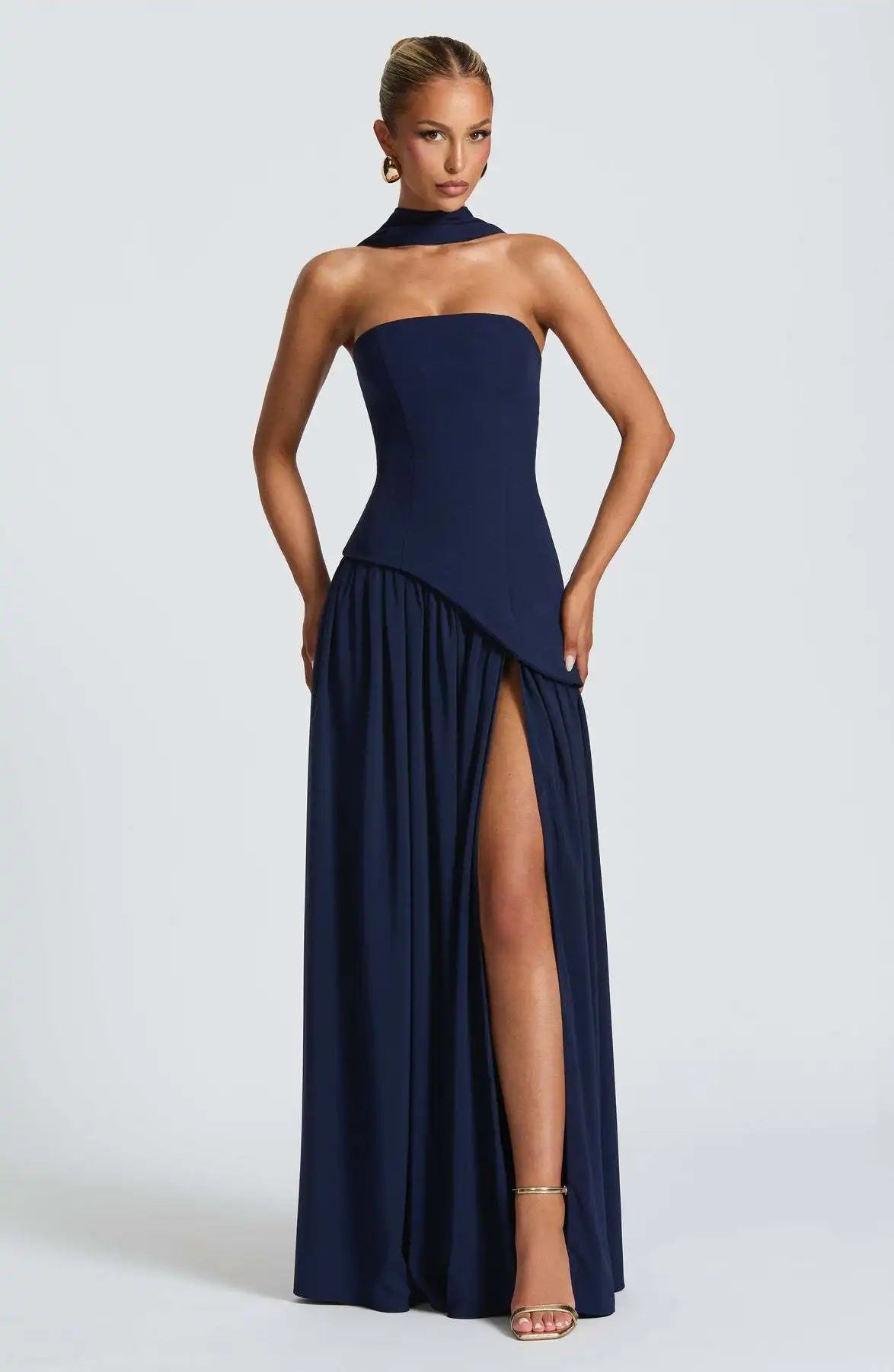 Elegant Off-shoulder Strapless Sexy Summer Party Women Gown Patchwork Pleat Scarf Neck Holiday Evening High Split Long Dresses