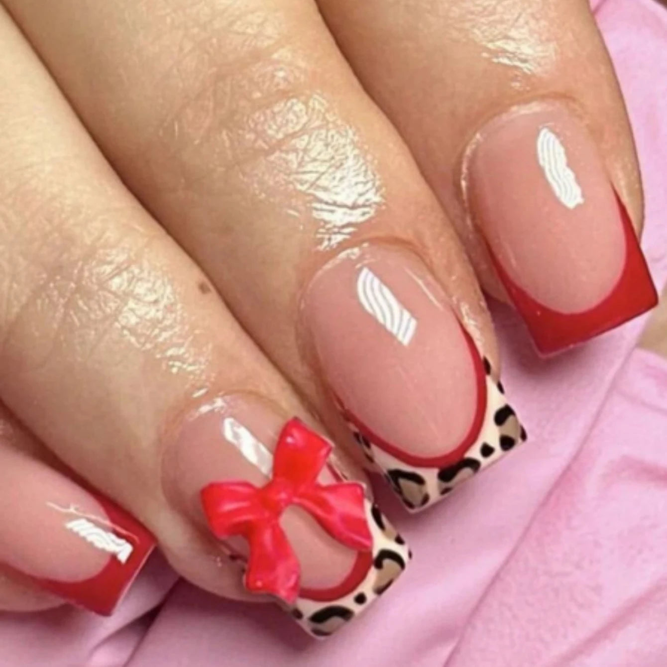 10-Piece Leopard Print Red Bow Press-On Nails – Short Square Glossy Acrylic False Nails