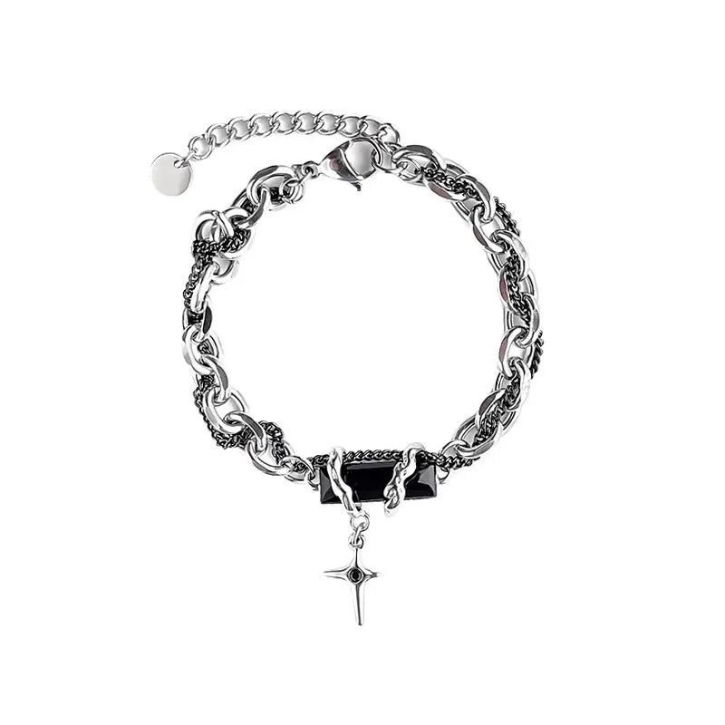 Men Bracelet 2024 Retro Black Zircon Star Chain Women Stainless Steel Punk Bracelets on Hand Unisex Jewelry Couple Accessories