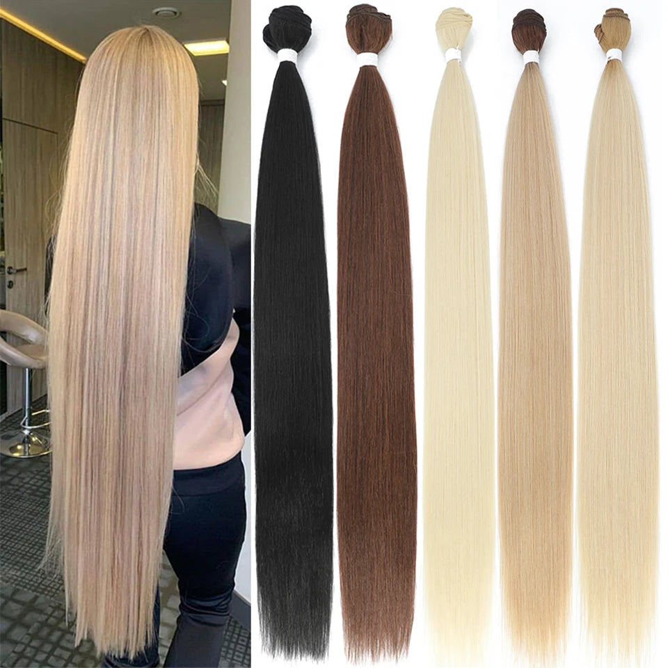 Bone Straight Synthetic Hair Bundles – Natural Super Long Yaki Straight Hair Weaving Extensions