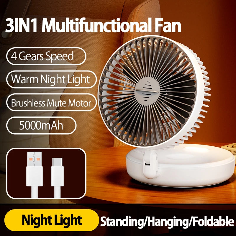 Rechargeable 3-in-1 Portable Fan with Night Light — Wall Mount, 90° Fold, 4 Speeds