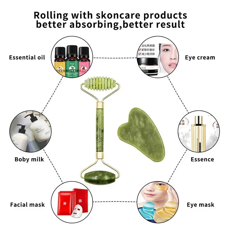 Jade Gua Sha & Face Roller Massage Set – Natural Stone SPA Skincare Tools